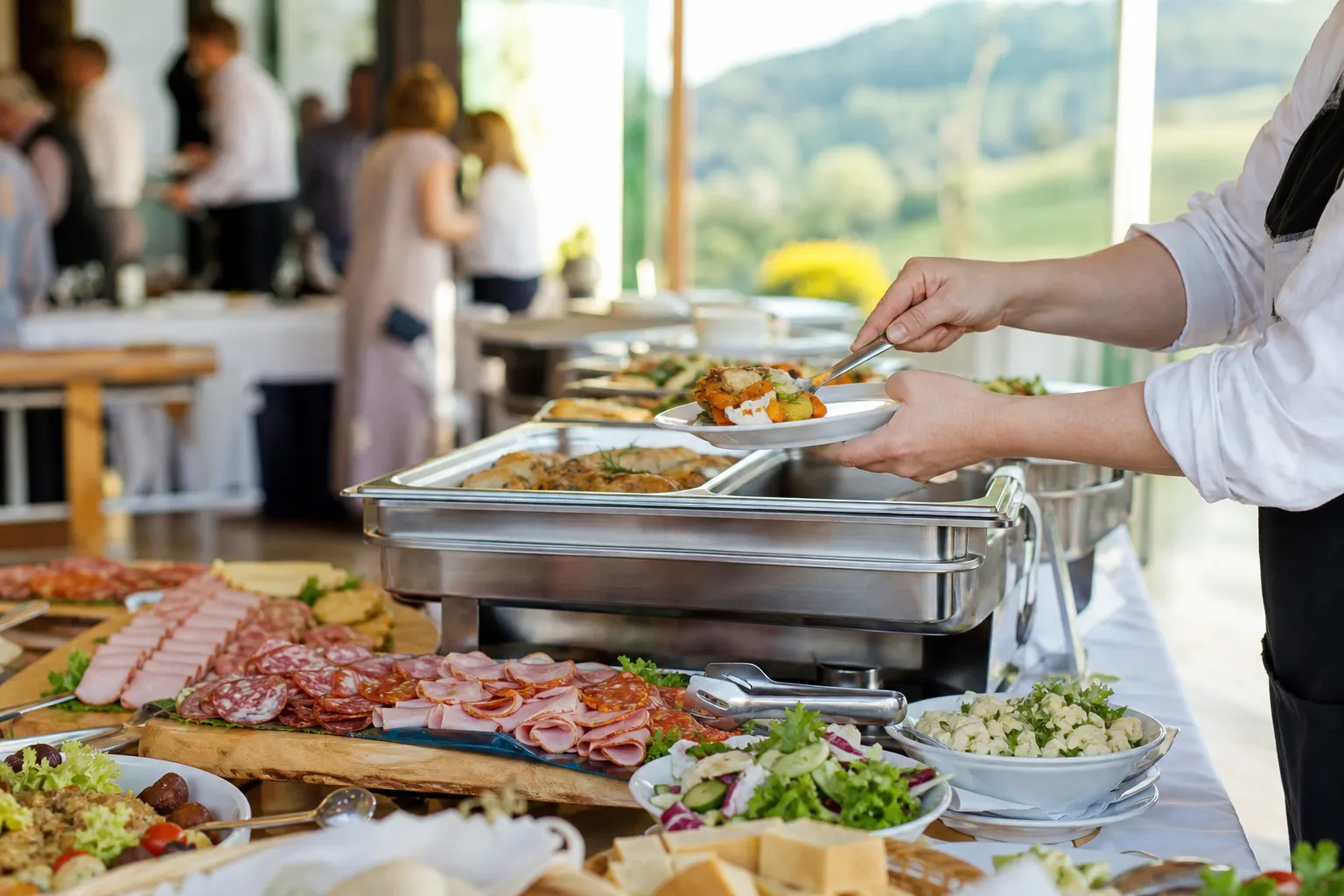 Catering bife s toplimi jedmi in narezki na pogrnjeni mizi, gostje v ozadju