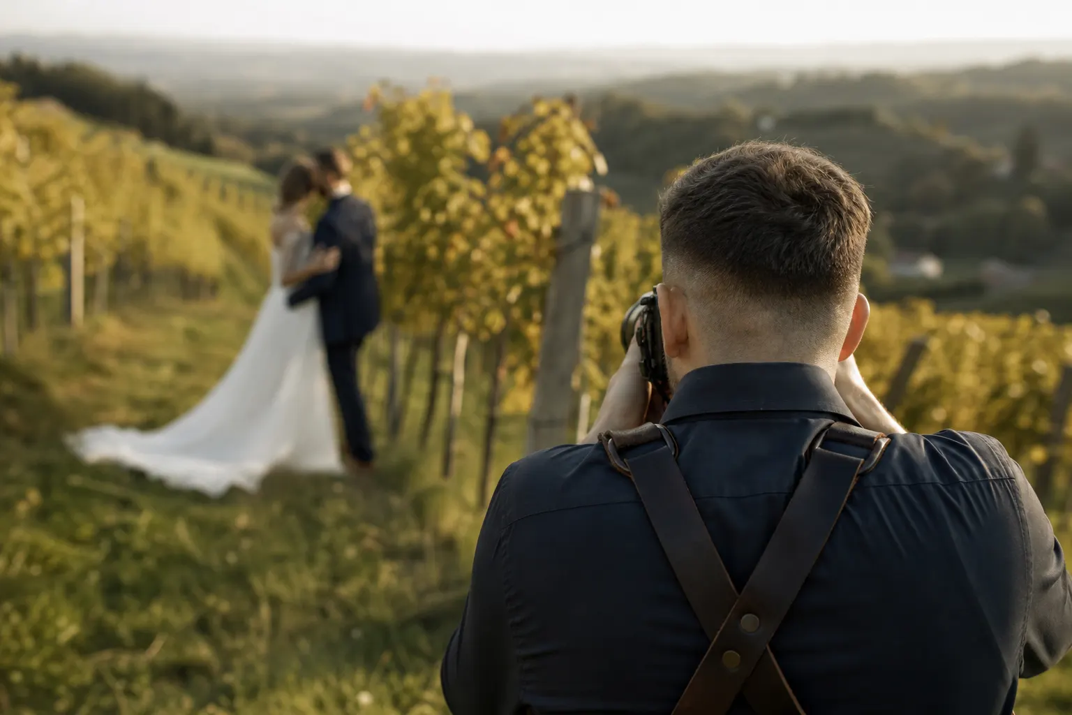 Poročni fotograf od zadaj fotografira mladoporočenca med vinogradi v popoldanski svetlobi