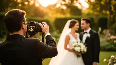 Poročni fotograf med fotografiranjem mladoporočencev v zlatem sončnem zahodu
