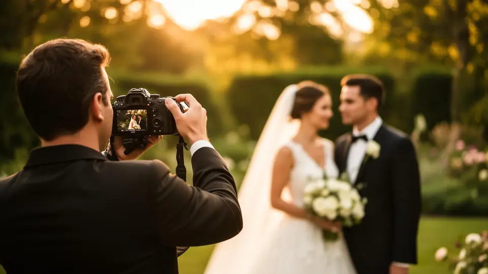 Poročni fotograf med fotografiranjem mladoporočencev v zlatem sončnem zahodu